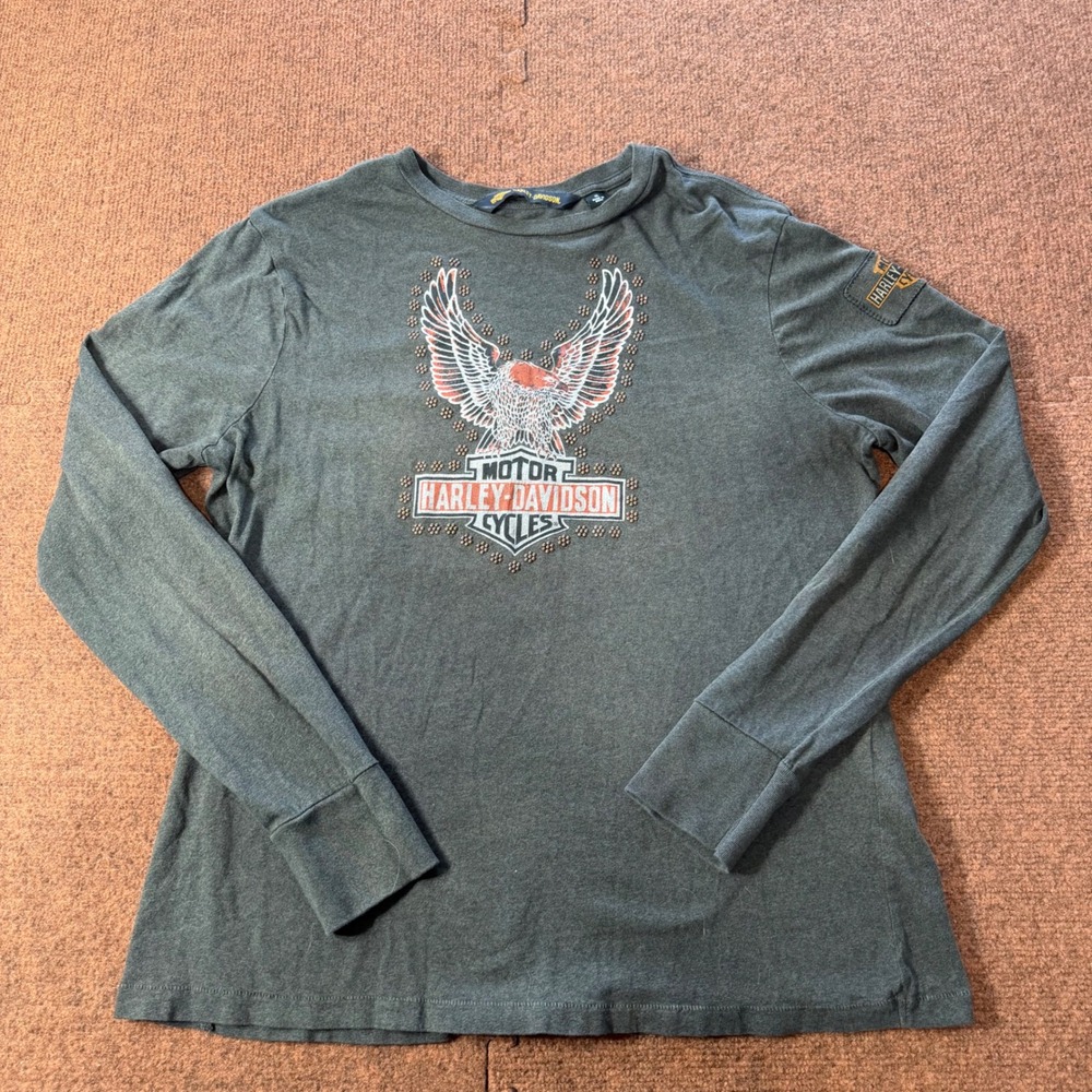 Harley-Davidson Kids XL Gray Long Sleeve Eagle‎ Graphic Studded T-Shirt Charcoal